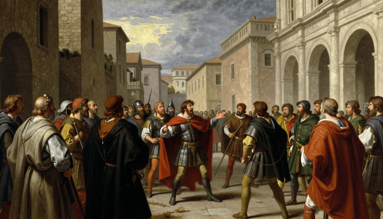 Bustling chaotic street scene near the Basilica of St. John Lateran in late 9th century Rome, with rival noble factions in tense standoff, armed men in medieval tunics gesturing angrily, clergy watching warily amid stone buildings under overcast sky.