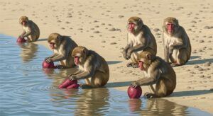 Japanese macaques washing sweet potatoes often cited in the 100th monkey effect