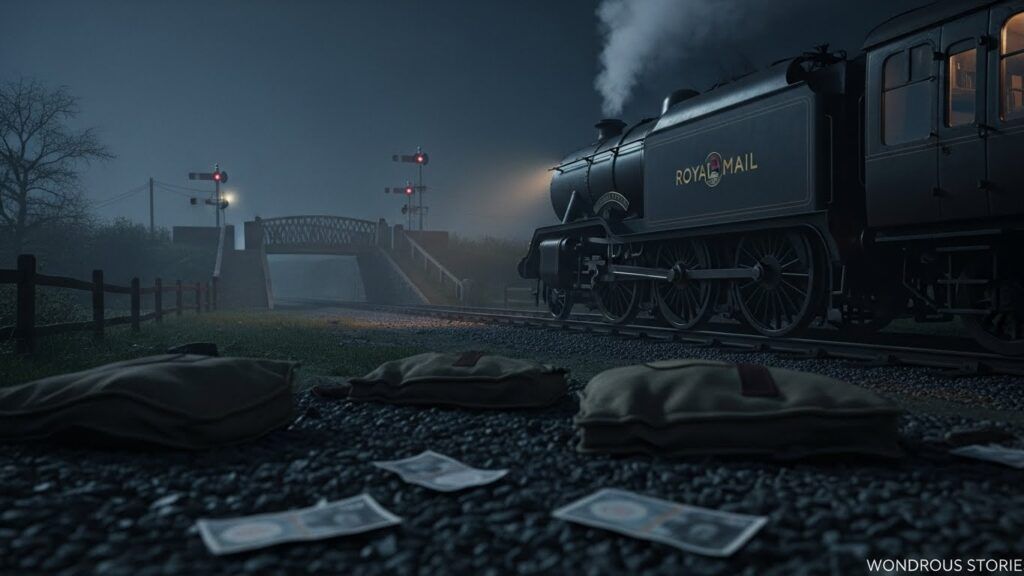 Ronnie Biggs Great Train Robbery scene showing a stopped Royal Mail train and stolen cash under low nighttime lighting.