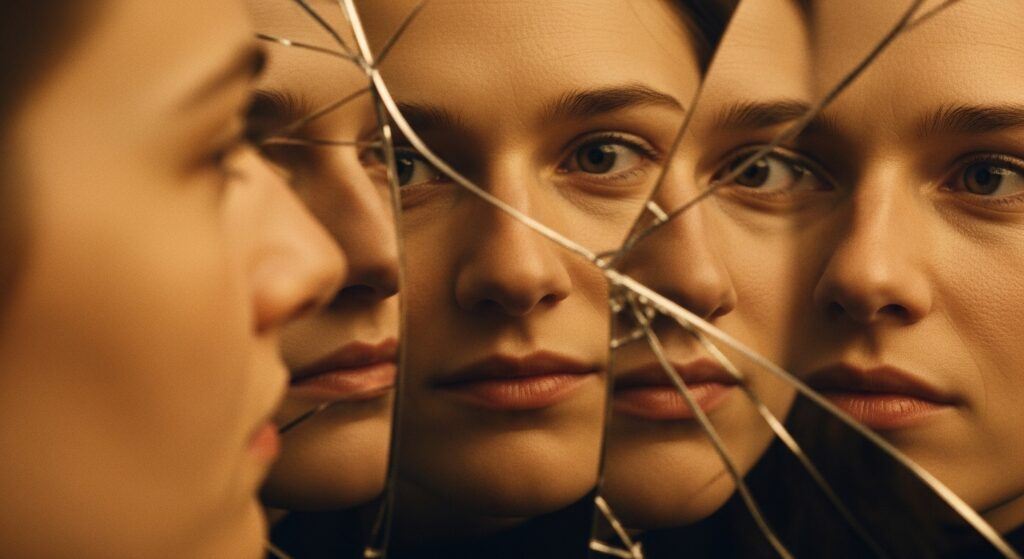 A symbolic mirror image representing future selves and identity within the simulation question.