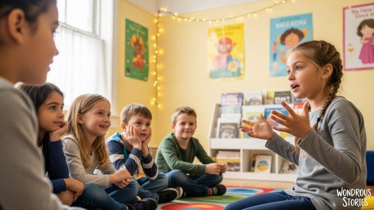 Children in a classroom discussing a story together.