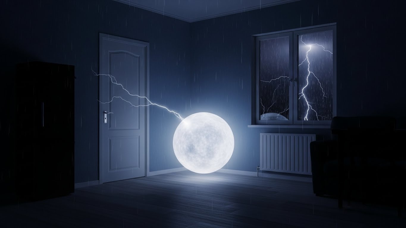 Photorealistic illustration of ball lightning appearing indoors during a thunderstorm, showing a glowing spherical orb with realistic light and shadows.
