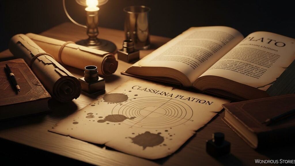 Richat Structure Atlantis idea contrasted with Plato’s Atlantis story shown through ancient manuscripts and ring sketches.