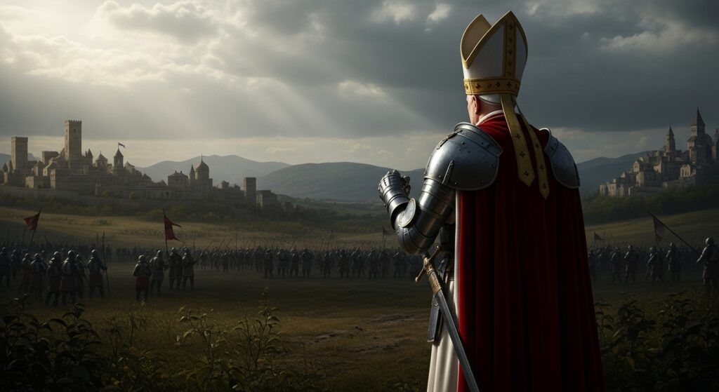 Medieval pope overseeing papal wars during territorial conflicts in Italy