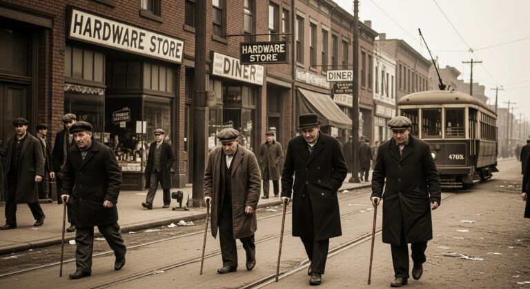 Prohibition-era street scene showing men with altered gait during the Ginger Jake paralysis outbreak, illustrating the visible impact of TOCP poisoning.