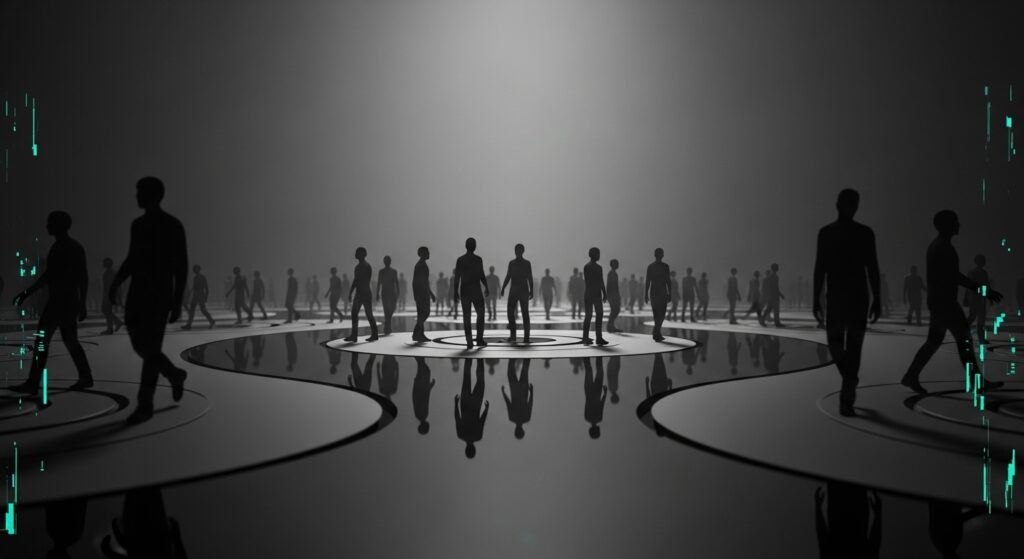Symbolic illustration of repeating human loops suggesting scripted behavior in a simulated reality.