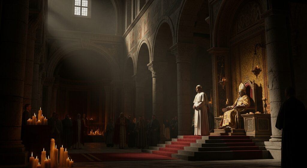 Cadaver Synod trial scene inside St. John Lateran showing Pope Formosus’s corpse before church judges
