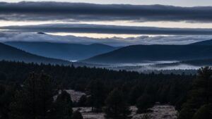 Quiet mountain landscape near Taos, New Mexico under low clouds and fog, representing the Taos Hum as a documented unexplained phenomenon.