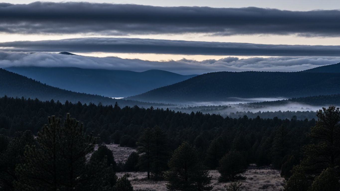 Quiet mountain landscape near Taos, New Mexico under low clouds and fog, representing the Taos Hum as a documented unexplained phenomenon.