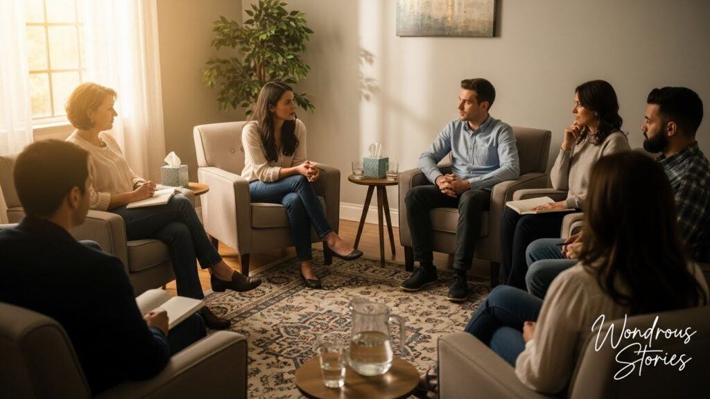 A therapy group in a discussion circle.