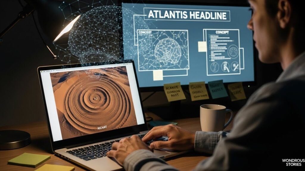 Richat Structure Atlantis belief explained through pattern recognition as a person studies ring imagery on screens.