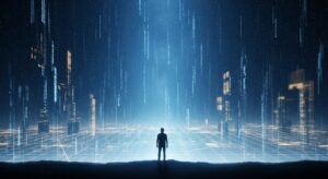 Are we living in a simulation depicted as a human facing a digital universe blending stars and gridlines.