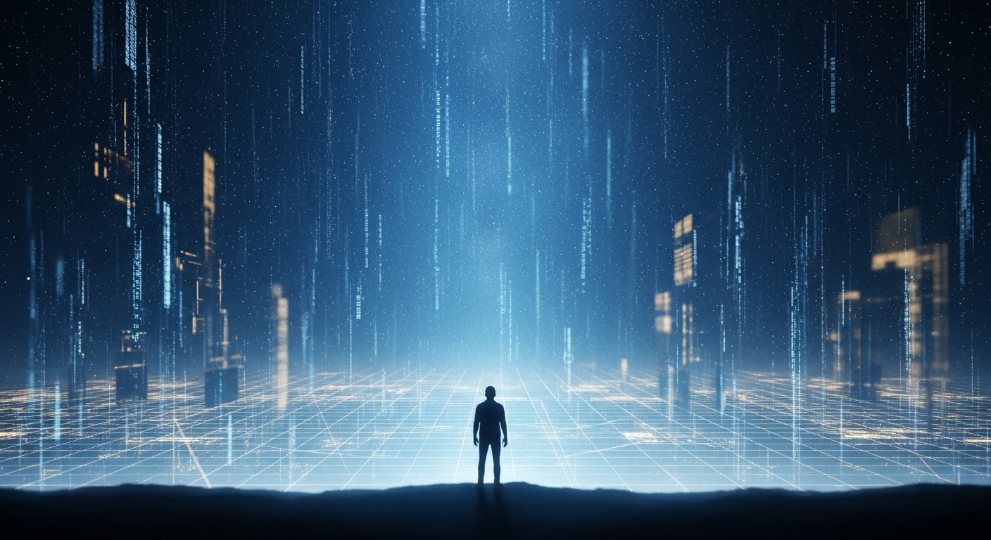 Are we living in a simulation depicted as a human facing a digital universe blending stars and gridlines.
