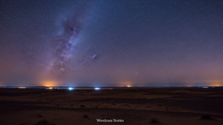 Nighttime desert landscape under a star-filled sky, illustrating unexplained phenomena through distant horizon lights and the Milky Way overhead.