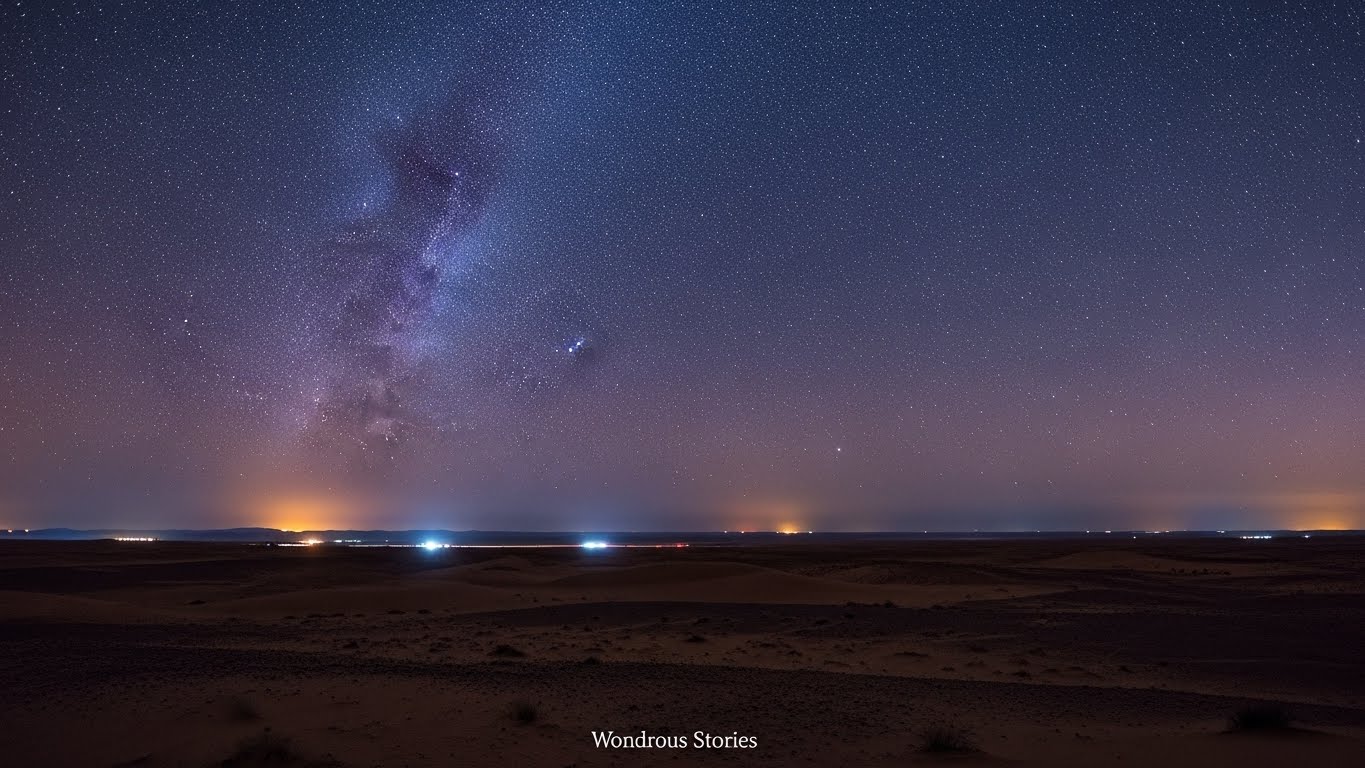 Nighttime desert landscape under a star-filled sky, illustrating unexplained phenomena through distant horizon lights and the Milky Way overhead.