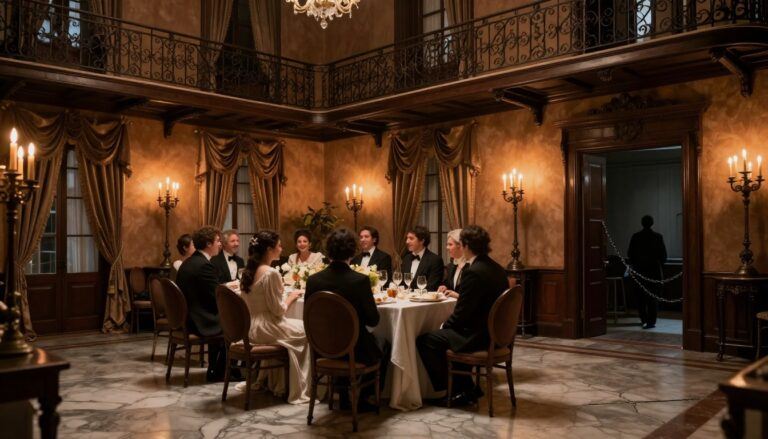 AI depiction of a Delphine LaLaurie party while sinister things are occurring elsewhere