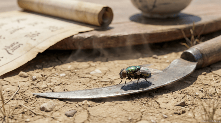 Macro blow fly on a sickle blade showing forensic entomology evidence from a historic murder case.