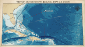 Bermuda Triangle map showing major shipping lanes and flight routes in the Atlantic Ocean.