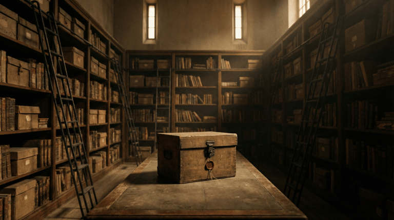 Sealed archival box resting on a table inside a historic archive building