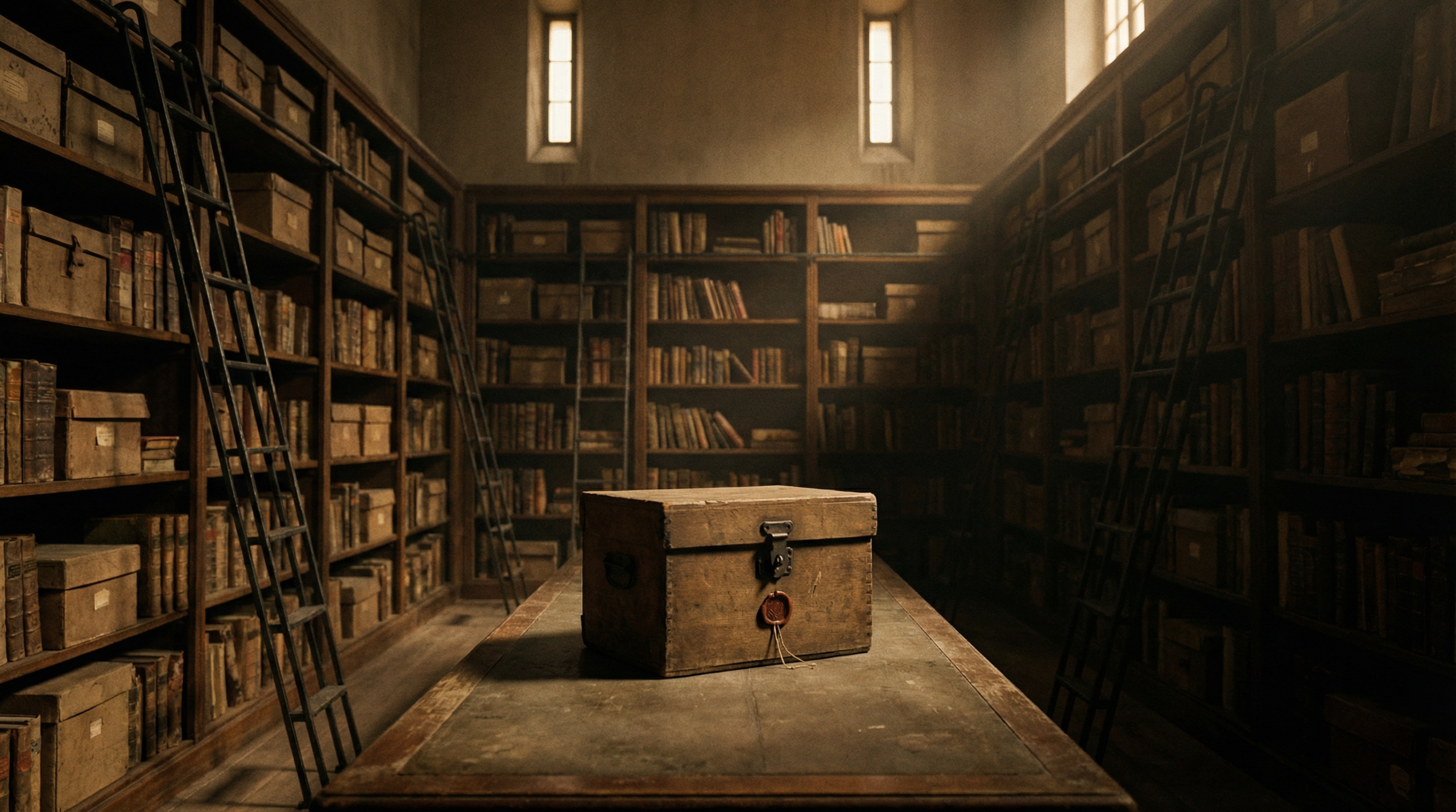 Sealed archival box resting on a table inside a historic archive building