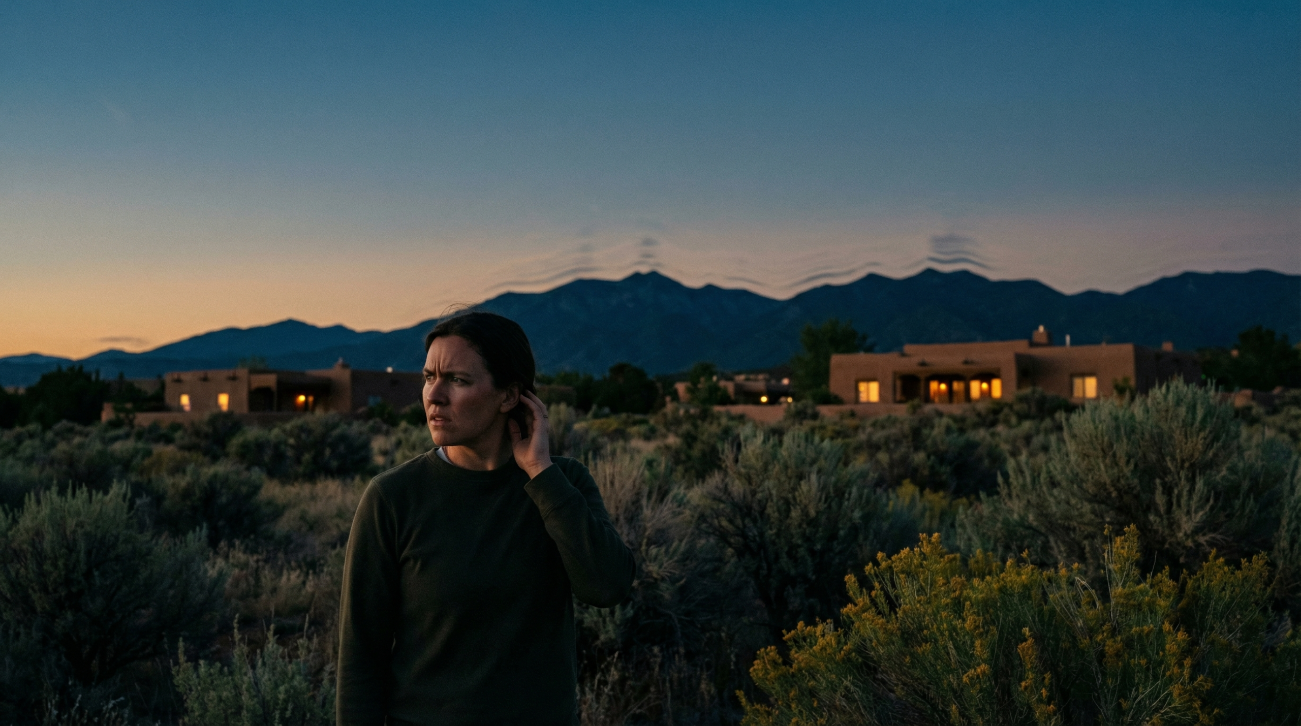A cinematic, realistic scene in Taos, New Mexico, at dusk shows a tense person outdoors, sensing a distant low hum, surrounded by desert shrubs, adobe buildings, and mountain silhouettes with subtle ripples.
