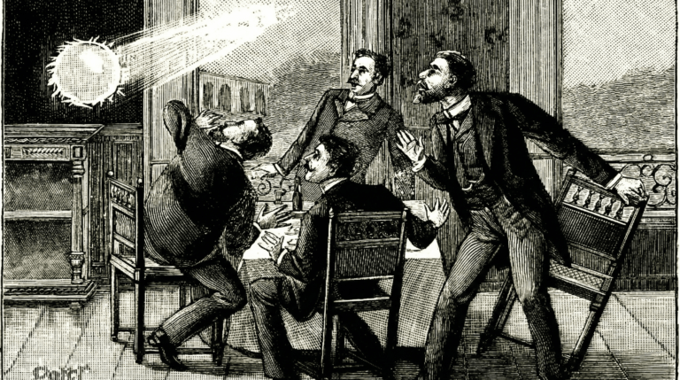 Vintage black-and-white engraving showing four 19th-century men reacting in shock as a glowing spherical light enters a room, often used to illustrate historical reports of ball lightning.
