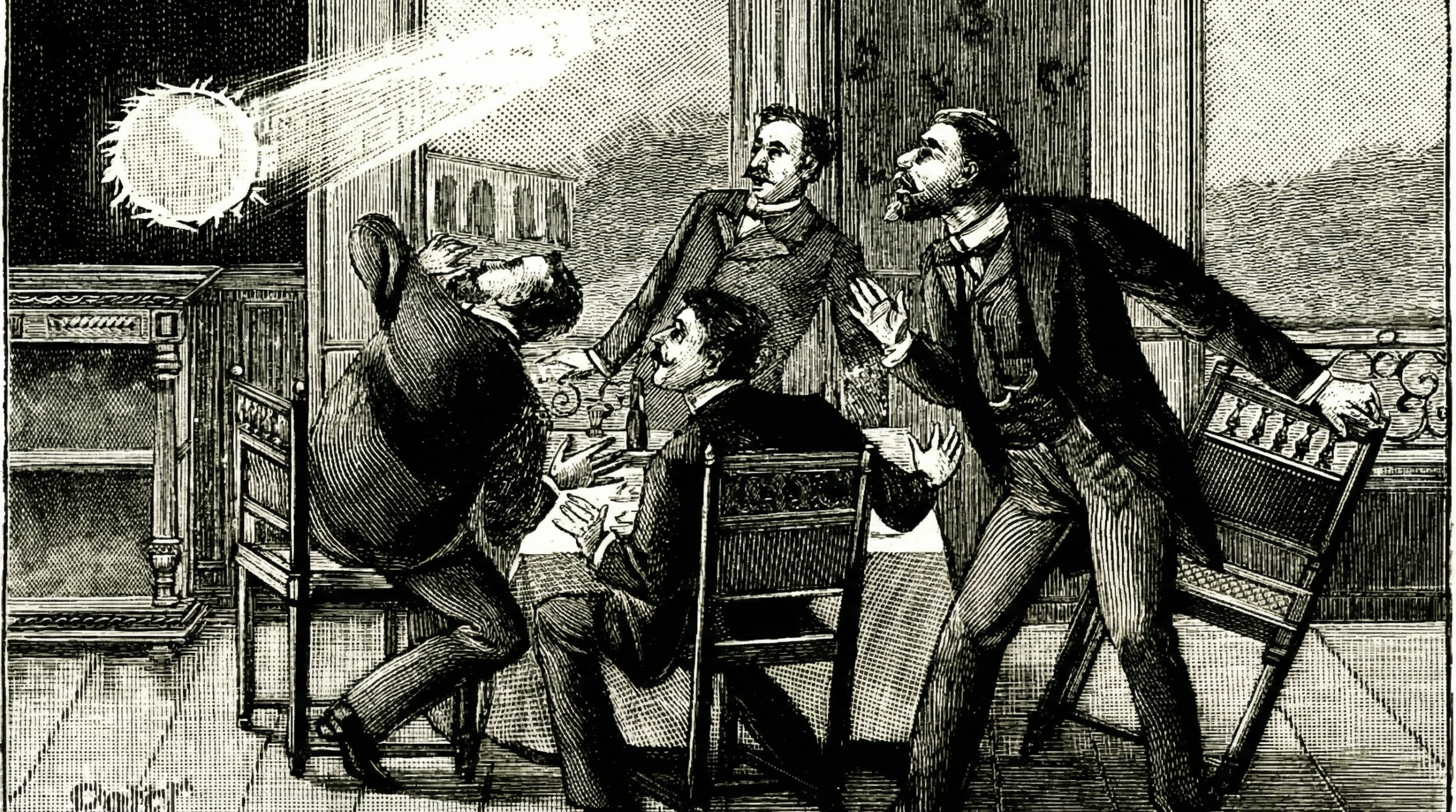 Vintage black-and-white engraving showing four 19th-century men reacting in shock as a glowing spherical light enters a room, often used to illustrate historical reports of ball lightning.