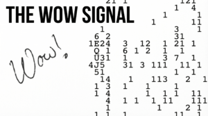 The wow signal original-style printout with scattered numbers and the bold “THE WOW SIGNAL” title above the circled reading.