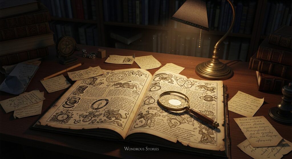 Open manuscript with mysterious undeciphered writing and illustrations