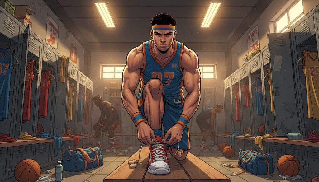 Basketball player tying his laces in a locker room before a game, illustrating the psychology of superstitions and pre-performance rituals under pressure