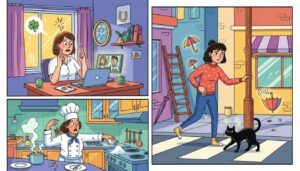 Illustrated scenes of everyday superstitions, including crossing fingers for luck, avoiding a ladder, spilling salt in the kitchen, and reacting to a black cat crossing the street
