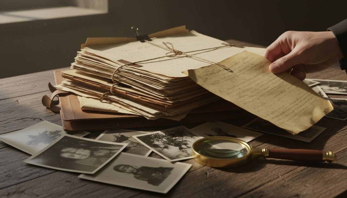 Close-up of yellowed documents and folders stacked on wooden desk in dim archive, with old photos, magnifying glass, and one hand holding paper edge.
