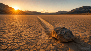 Death Valley rocks that move across Racetrack Playa leaving long trails in the dry lake bed