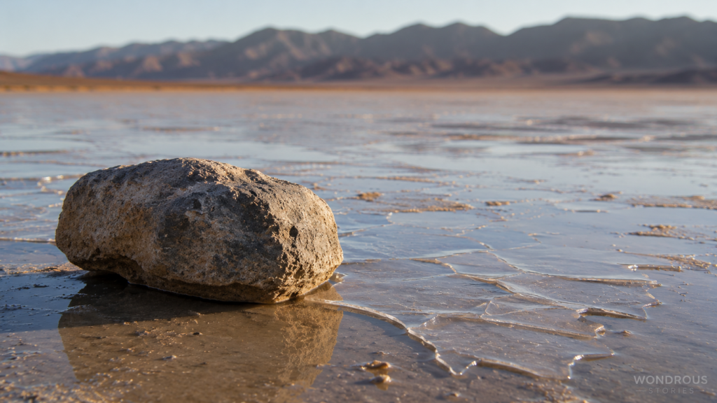 Thin ice and wind explaining how Death Valley rocks move across Racetrack Playa