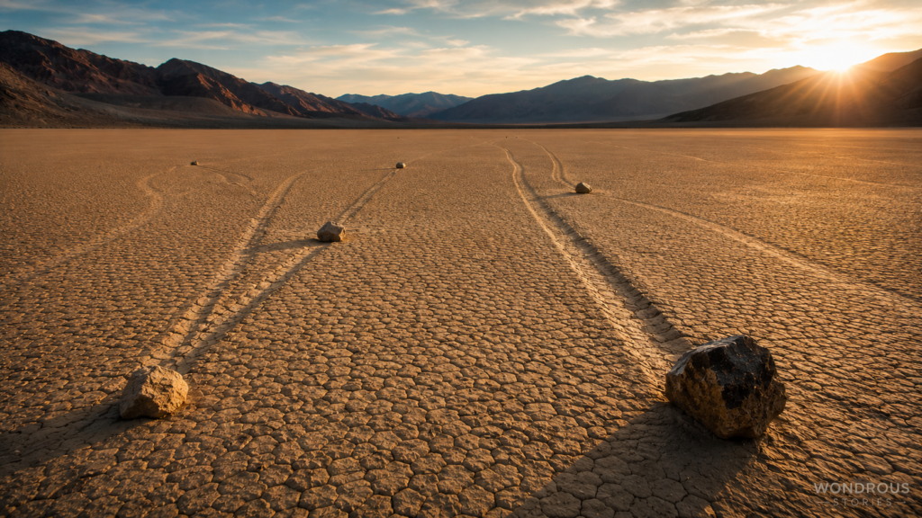 Sailing stones on Racetrack Playa with long mysterious tracks across the desert floor