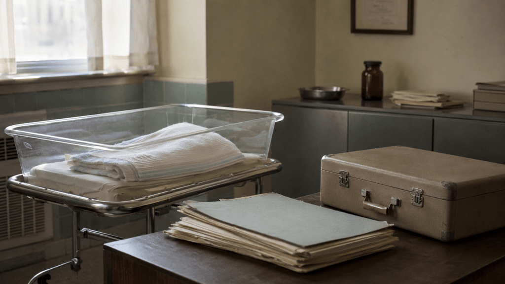 A quiet hospital scene symbolizing the collection of infant remains for radiation research