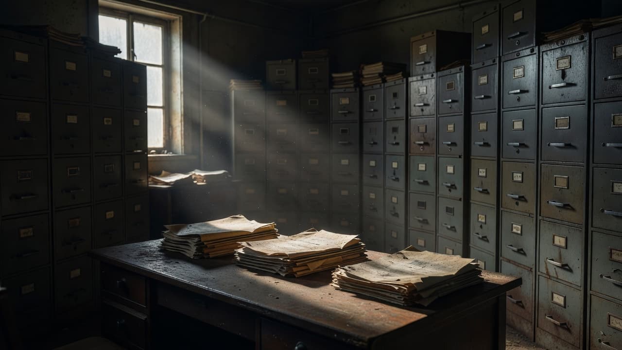 An old, quiet archives room with metal cabinets and folders on a wooden desk under dusty sunlight.