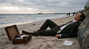 A suitcase and closed book sit on a quiet beach beside fading footprints.