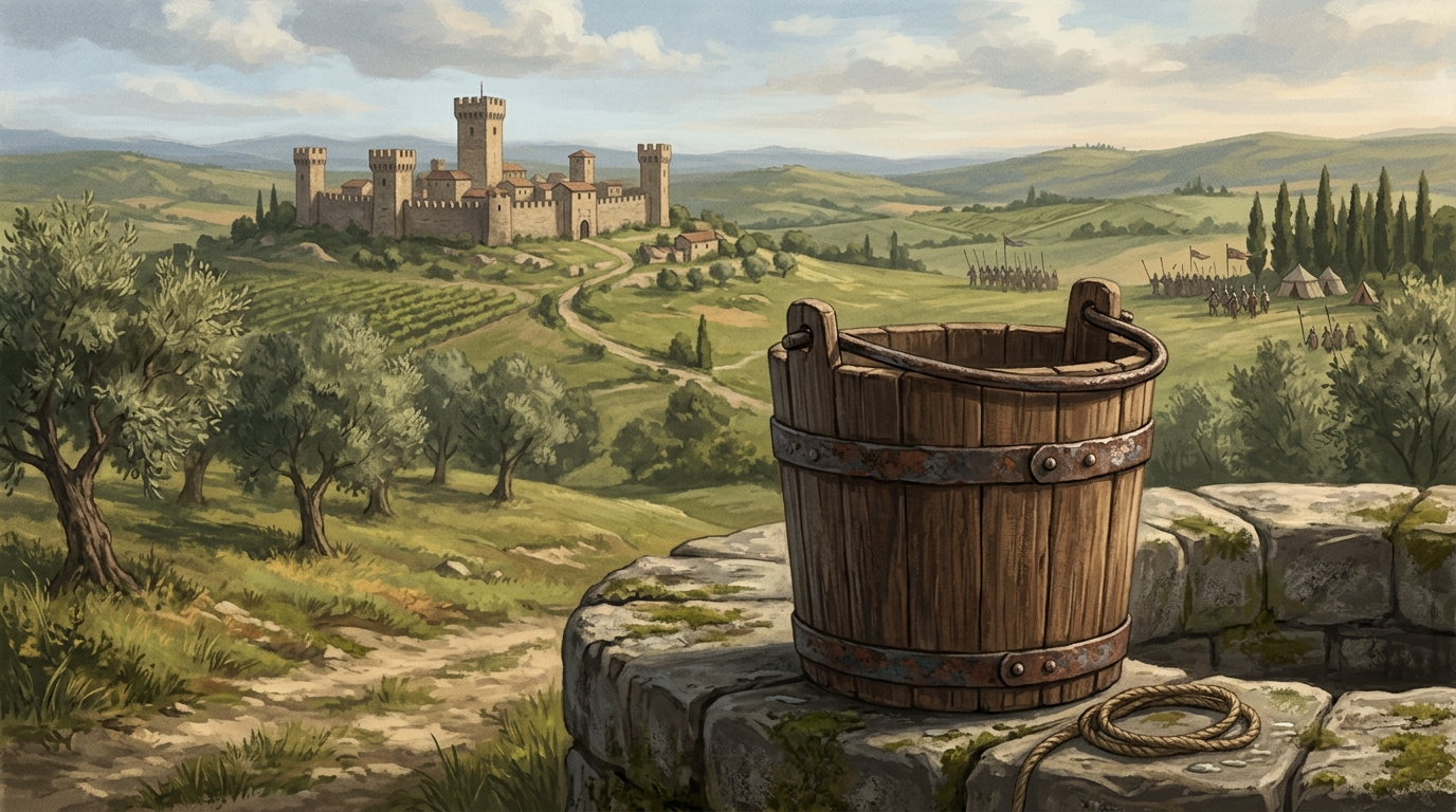 A wooden bucket on a stone surface with a fortified Italian town and distant medieval troops