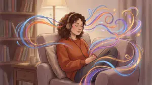Person experiencing colorful shapes while listening to music