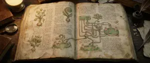 An aged vellum manuscript page lies open under soft lamp light, covered in flowing unfamiliar script alongside faded illustrations of strange plants and small nude figures bathing in green liquid connected by pipes.