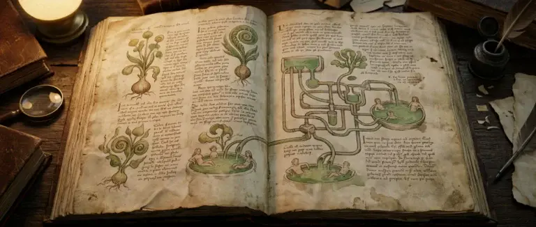 An aged vellum manuscript page lies open under soft lamp light, covered in flowing unfamiliar script alongside faded illustrations of strange plants and small nude figures bathing in green liquid connected by pipes.