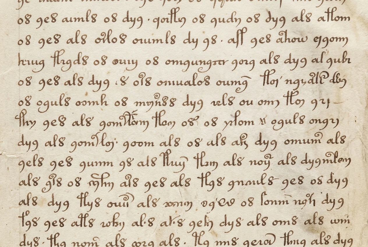 A close-up of dense handwritten Voynichese text, rows of unfamiliar looping characters in brown ink on cream vellum, with repeated word clusters visible in the lines.