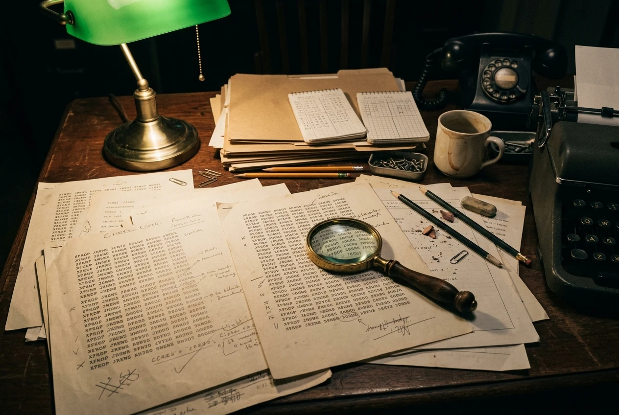 A 1940s-style office desk cluttered with typewritten cipher sheets, pencils, and a magnifying glass under a green banker's lamp, evoking a wartime codebreaker's workspace at night.