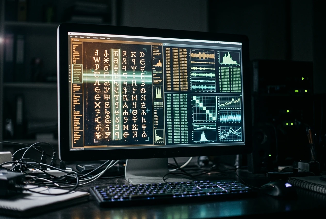 A computer screen displaying scrolling lines of unfamiliar manuscript characters being processed alongside columns of statistical pattern data, glowing in a dim room.