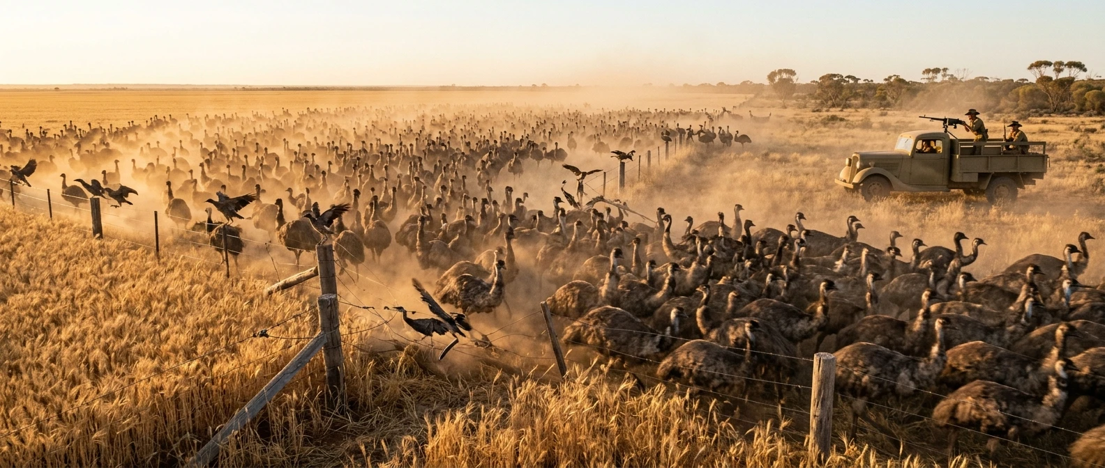 A vast mob of emus streaming across golden Western Australian wheat fields at dawn in 1932, flattening a wire fence as they pass, with a khaki army truck and two soldiers manning a mounted machine gun in the distance against the flat scrubland horizon.
