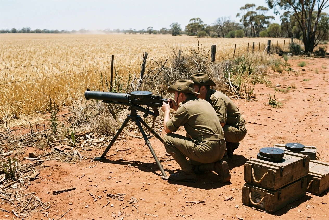 Two soldiers crouched behind a Lewis gun on its tripod, drum magazine loaded, set up on bare red dirt at the edge of a wheat paddock, ammunition crates stacked nearby in the harsh midday sun.