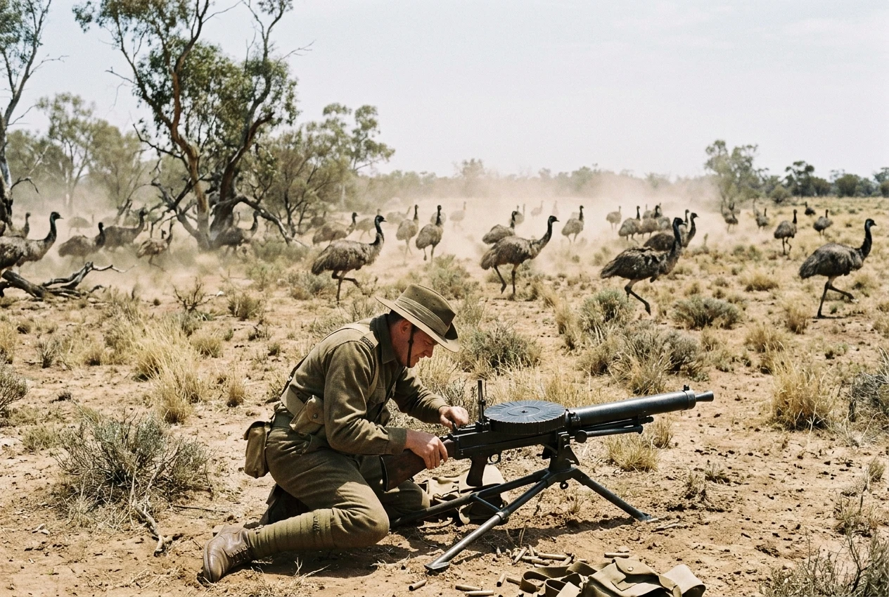 A scattered group of emus bolting in different directions across open scrubland, kicking up dust, as a soldier behind a jammed Lewis gun fumbles with the mechanism in the foreground.