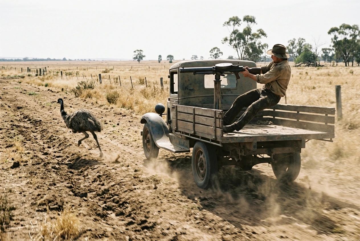 A Lewis gun mounted on the back of a bouncing flatbed truck racing over rutted farmland, the gunner thrown off balance, while a lone emu sprints alongside at a sharp angle just out of the truck's path.