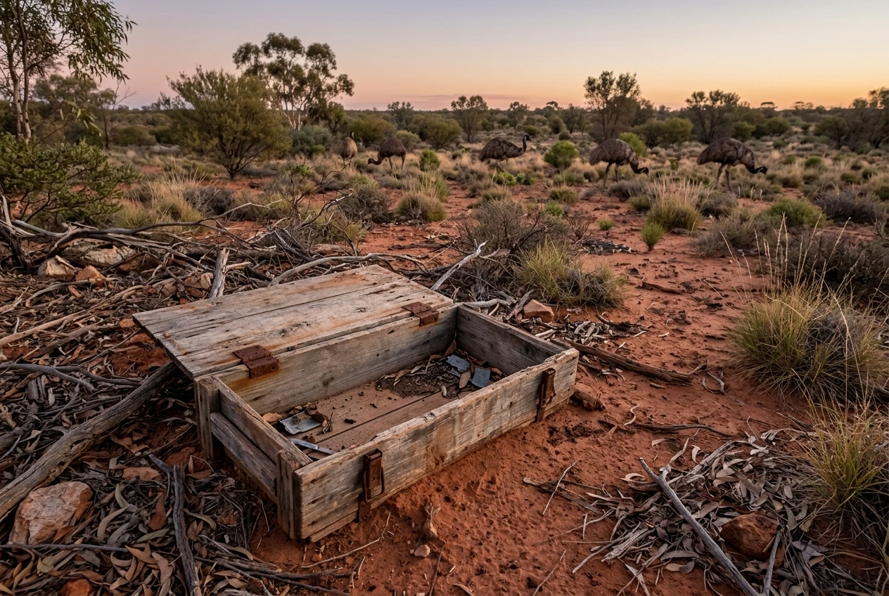 A dusty, empty ammunition crate lying open and spent beside a quiet stretch of Western Australian scrub at dusk, with a handful of unharmed emus grazing peacefully in the background.